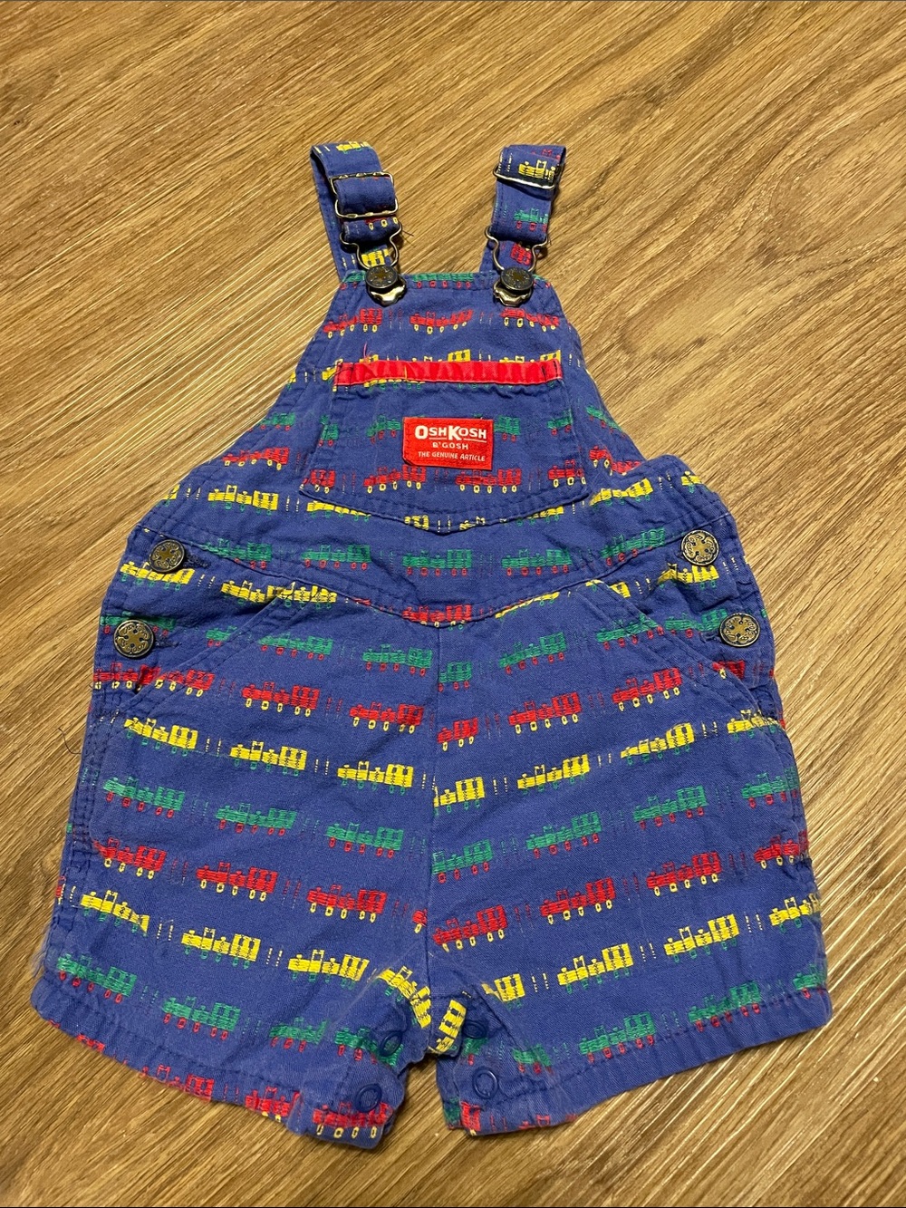 Vintage OshKosh B'gosh Blue Train Print Toddler Short Overalls- made in USA